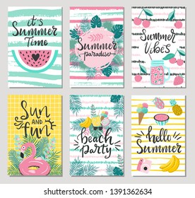 Set of cute summer cards and posters with hand drawn lettering typography words , Hello Summer, beach party, summer vibes and fruits, flamingos, palm leaves and textured background