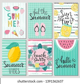 Set of cute summer cards and posters with hand drawn lettering typography words , Hello Summer, beach party, feel the summer and fruits, flamingos, palm leaves and textured background