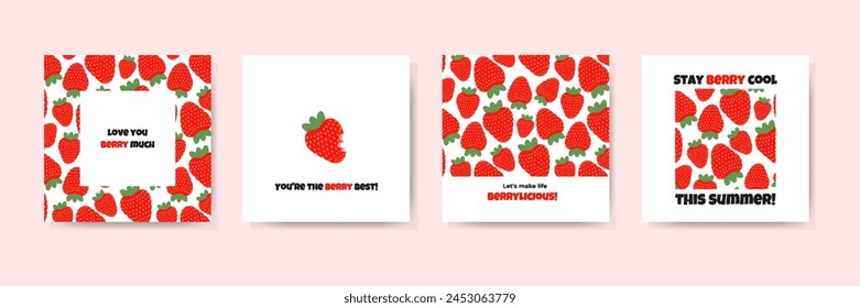 Set of cute summer cards with strawberries with funny phrases. Vector illustration