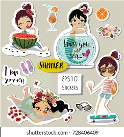 set with cute summer cartoon girl 