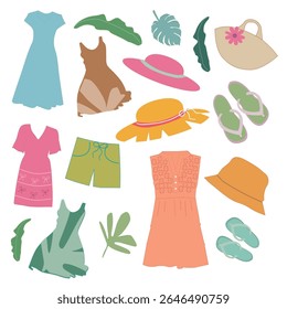 Set of cute summer clothes,Woman outfit with dress,hat,handbag panama hat, shorts, slippers, flip flops,Collections of cartoon  dresses vector illustration isolated on white background
