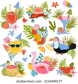 Set of cute Summer compositions, inflatable flamingo toy, tropical leaves, fruit, cocktails, toucan and other perfect for postcard, scrapbooking, beach party. Hot season. Vector illustration.