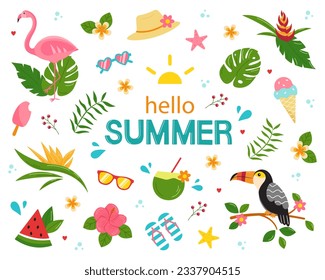 Set of cute summer design elements: flamingo, ice cream, drinks, palm leaves, accessories, fruits and flowers. Collection of bright elements for scrapbooking and beach party. Vector illustration