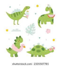 Set of cute summer dinosaurs. Summer vibe, flat style.