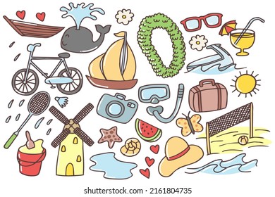 Set of cute summer doodle, cartoon, hand drawn, lines, stickers, print, art