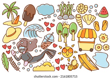 Set of cute summer doodle, cartoon, hand drawn, lines, stickers, print, art