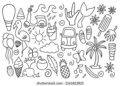 Set of cute summer doodle, cartoon, hand drawn, lines, stickers, print, art