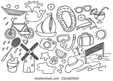 Set of cute summer doodle, cartoon, hand drawn, lines, stickers, print, art