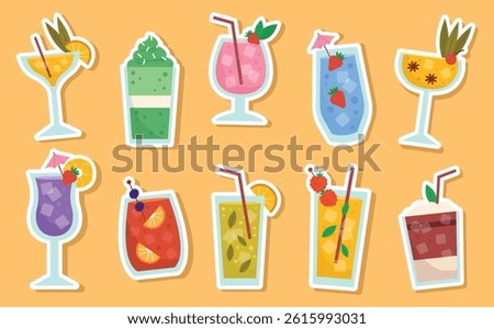 Set of cute summer drink stickers with fruit elements. Smoothies, lemonades, and cocktails in soft pastel tones. Ideal for planners, digital scrapbooking, social media and packaging.