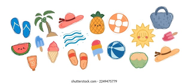 Set of cute summer elements: Beach waves, ice cream, ice cream cone, watermelon chunks, pineapple, coconut, hat, bag, sandals, flip flops, ball, life jacket, sun, sunscreen
