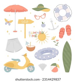 Set of cute summer elements for beach holidays. Active sea recreation. Beach umbrella, shorts, pointer, moped, rubber ring. Tropical vacation. Vector illustration isolated on white background