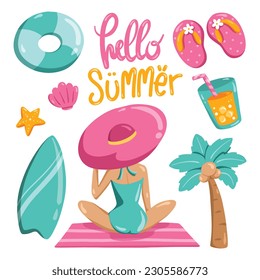 Conjunto de adorables elementos de verano de imágenes prediseñadas: una niña con bikini, sombrero de verano, chanclas, tabla de surf, coco, pez estrella y cáscara