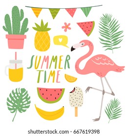 set of cute summer elements. cute flamingo, cacti, palm leaves, food and drink icons. design for summer cards, posters or party invitations