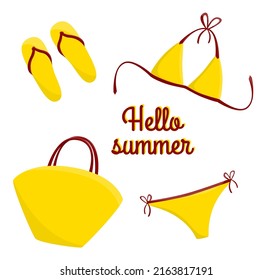Set cute summer elements: flip flop, swimsuit, beach bag. Yellow collection. Hello summer. Element for your design poster, banner, postcard. Flat style. Isolated on white. Vector stock illustration