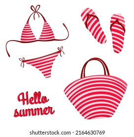 Set cute summer elements: flip flop, swimsuit, beach bag. Red collection. Hello summer. Element for your design poster, banner, postcard. Flat style. Isolated on white. Vector stock illustration
