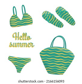 Set cute summer elements: flip flop, swimsuit, beach bag. Green collection. Hello summer. Element for your design poster, banner, postcard. Flat style. Isolated on white. Vector stock illustration