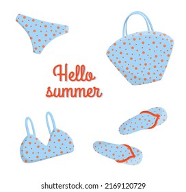 Set cute summer elements: flip flop, swimsuit, beach bag. Blue collection. Hello summer. Element for your design poster, banner, postcard. Flat style. Isolated on white. Vector stock illustration
