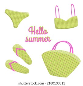 Set cute summer elements: flip flop, swimsuit, beach bag. Colorful collection. Hello summer. Element for your design poster, banner, postcard. Flat style. Isolated on white. Vector stock illustration
