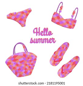 Set cute summer elements: flip flop, swimsuit, beach bag. Colorful collection. Hello summer. Element for your design poster, banner, postcard. Flat style. Isolated on white. Vector stock illustration