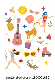 Set of cute summer elements. Hand drawn flat style illustration 