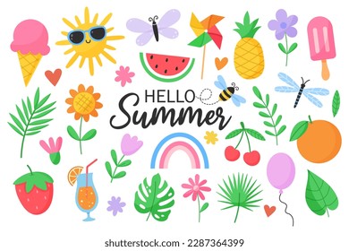 Set cute summer elements. Hello summer lettering. Cartoon vector illustration.