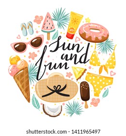 Set of cute summer elements. Ice cream, fruit, flip flops, sunglasses, hat, swimsuit, sunscreen, tropical flower and leaves. Collection for card, poster, sticker, scrapbooking etc. Vector.