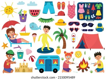 Set of cute summer elements with kids, palm, whale, camping, beach toys and sunglasses. Hello summer collection in cartoon style. Children enjoying their vacations. Vector illustration