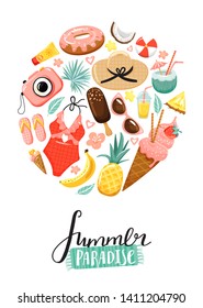 Set of cute summer elements and lettering. Ice cream, camera, drink, fruit, flip flops, sunglasses, hat, swimsuit, sunscreen, tropical flower and leaves. Circle shape composition. Vector.