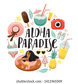Set of cute summer elements and lettering. Ice cream, camera, woman with swim ring, flip flops, sunglasses, hat, swimsuit, sunscreen, tropical flower and leaves. Circle shape composition. Vector.