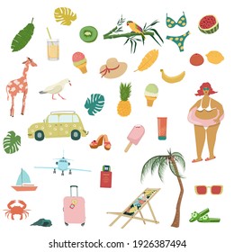 A set of cute summer elements: palm tree, ice cream, chaise longue, tropical leaves, fruit, birds. Perfect for summer poster, postcard, scrapbooking, tag, invitation, sticker set. Vector illustration