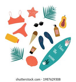 Set of cute summer elements: palm leaf, sunglasses, sunscreen, surfboard, orange juice, half papaya, swimsuit, slates, starfish and seashell. Vector