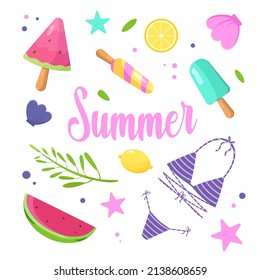 Set of cute summer elements: palm tree, calligraphy, lemons, ice cream. watermelon, swimsuit, starfish. Perfect for summertime poster, card, scrapbooking , tag, invitation, sticker kit. Vector