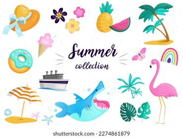 Set of cute summer elements: palm tree, beach umbrella, tropical flowers, flamingo. Perfect for summertime poster, card, scrapbooking, invitation.