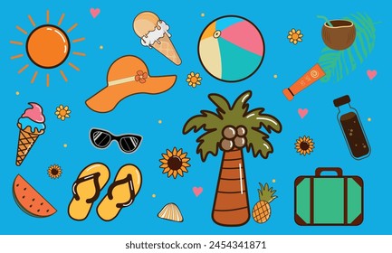 Set of cute summer elements. Perfect for summer poster, postcard, scrapbooking, tag, invitation, sticker set.