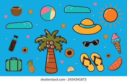 Set of cute summer elements. Perfect for summer poster, postcard, scrapbooking, tag, invitation, sticker set.