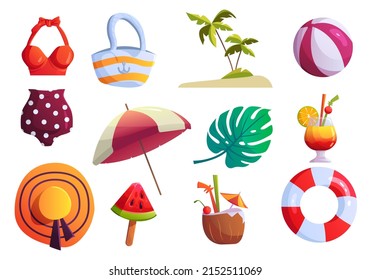 A set of cute summer elements: Retro swimsuit Bag Summer hat  Ball Life buoy Watermelon on a stick Cocktail with coconut Monstera leaf Cocktail with orange  umbrella. Cartoon.