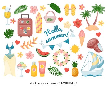 Set of cute summer elements suitcase, fruit, drinks, palm leaves, swimsuit, flowers. Fun colorful objects. Isolated on white. Vector illustration.