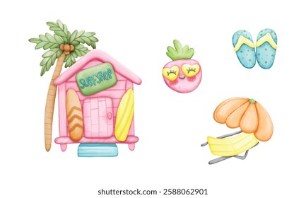 Set of cute summer elements: sun, palm tree, beach umbrella, calligraphy, tropical flowers and birds. 