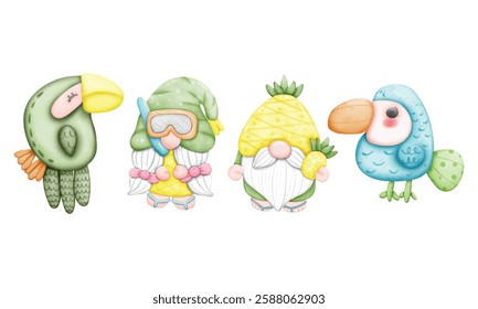 Set of cute summer elements: sun, palm tree, beach umbrella, calligraphy, tropical flowers and birds. 