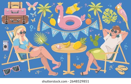 Set of cute summer elements sun, palm tree, calligraphy, tropical flowers, fruits and birds. Perfect for summertime poster, card, scrapbooking , tag, invitation, sticker kit	
