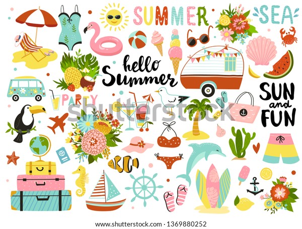 Set of cute summer elements: sun, palm tree,\
beach umbrella, calligraphy, tropical flowers and birds. Perfect\
for summertime poster, card, scrapbooking , tag, invitation,\
sticker kit.  Hand drawn\
vect