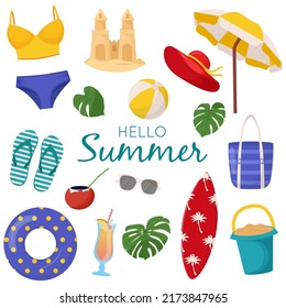 Set of cute summer elements: surfboard, cocktail, bag, hat, palm tree, bikini, flip flops, beach umbrella, ball, sand castle, lifebuoy. Flat vector illustration for summertime poster, card, tag