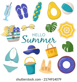 Set of cute summer elements: surfboard, cocktail, bag, hat, palm tree, bikini, flip flops, beach umbrella, ball, sand castle, lifebuoy. Flat vector illustration for summertime poster, card, tag