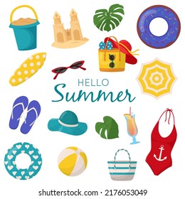 Set of cute summer elements: surfboard, cocktail, bag, hat, palm tree, bikini, flip flops, beach umbrella, ball, sand castle, lifebuoy. Flat vector illustration for summertime poster, card, tag