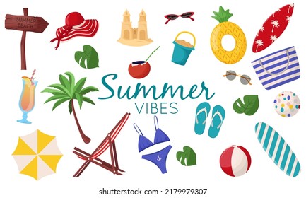 Set of cute summer elements: surfboard, cocktail, bag, hat, palm tree, bikini, flip flops, beach umbrella, ball, sand castle, lifebuoy. Flat vector illustration for summertime poster, card, tag