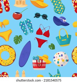 Set of cute summer elements: surfboard, cocktail, bag, hat, palm tree, bikini, flip flops, beach umbrella, ball, sand castle, lifebuoy. Summer seamless pattern