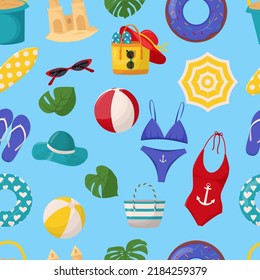 Set Of Cute Summer Elements: Surfboard, Cocktail, Bag, Hat, Palm Tree, Bikini, Flip Flops, Beach Umbrella, Ball, Sand Castle, Lifebuoy. Summer Seamless Pattern