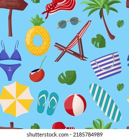 Set of cute summer elements: surfboard, cocktail, bag, hat, palm tree, bikini, flip flops, beach umbrella, ball, sand castle, lifebuoy. Summer seamless pattern