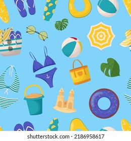 Set of cute summer elements: surfboard, cocktail, bag, hat, palm tree, bikini, flip flops, beach umbrella, ball, sand castle, lifebuoy. Summer seamless pattern