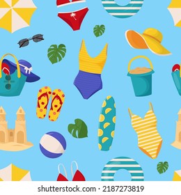 Set of cute summer elements: surfboard, cocktail, bag, hat, palm tree, bikini, flip flops, beach umbrella, ball, sand castle, lifebuoy. Summer seamless pattern
